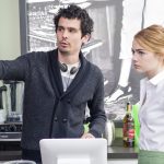 Director Damien Chazelle and Emma Stone on the set of LA LA LAND.